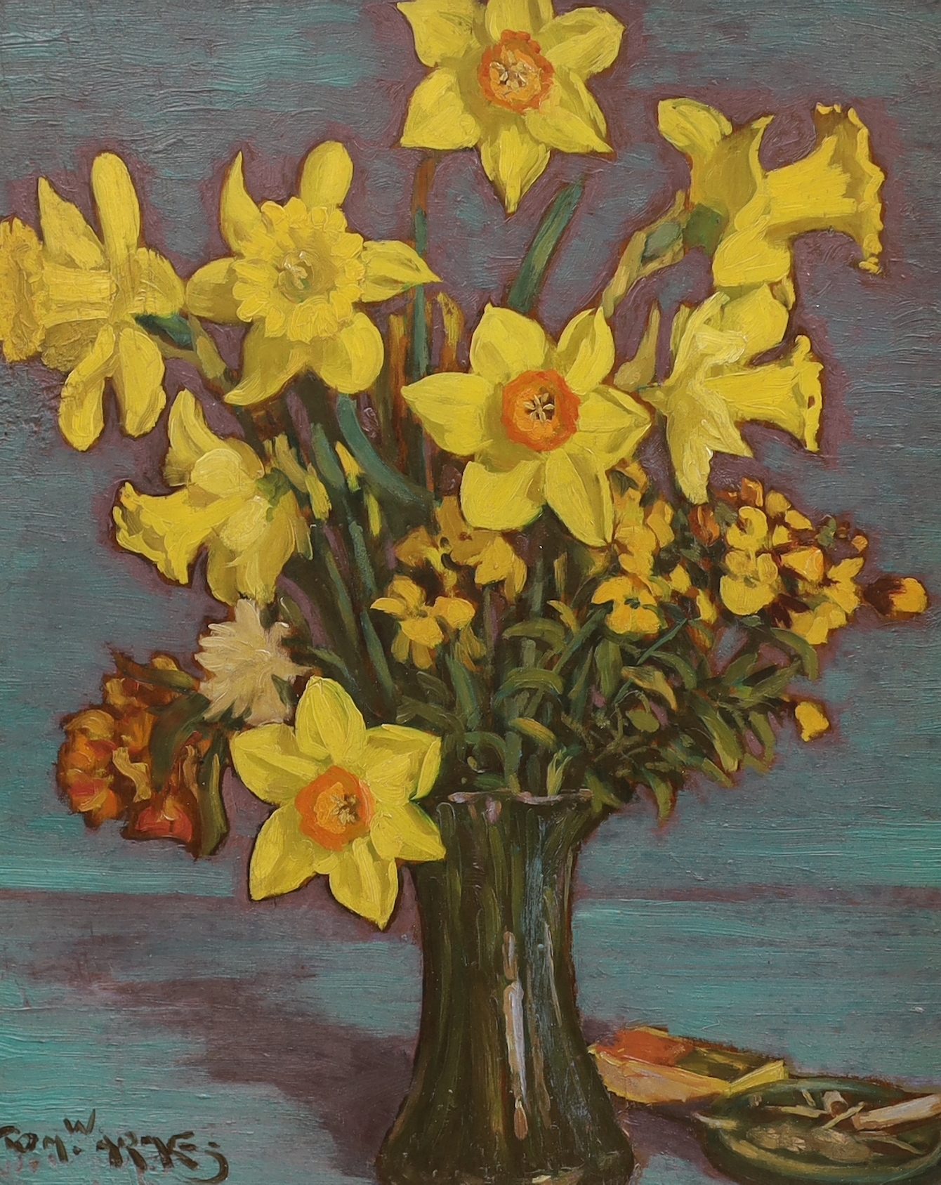 Thomas Armes (1894-1963) Impressionist oil on board, Still life of daffodils in a vase, signed, partial label verso, 42 x 35cm